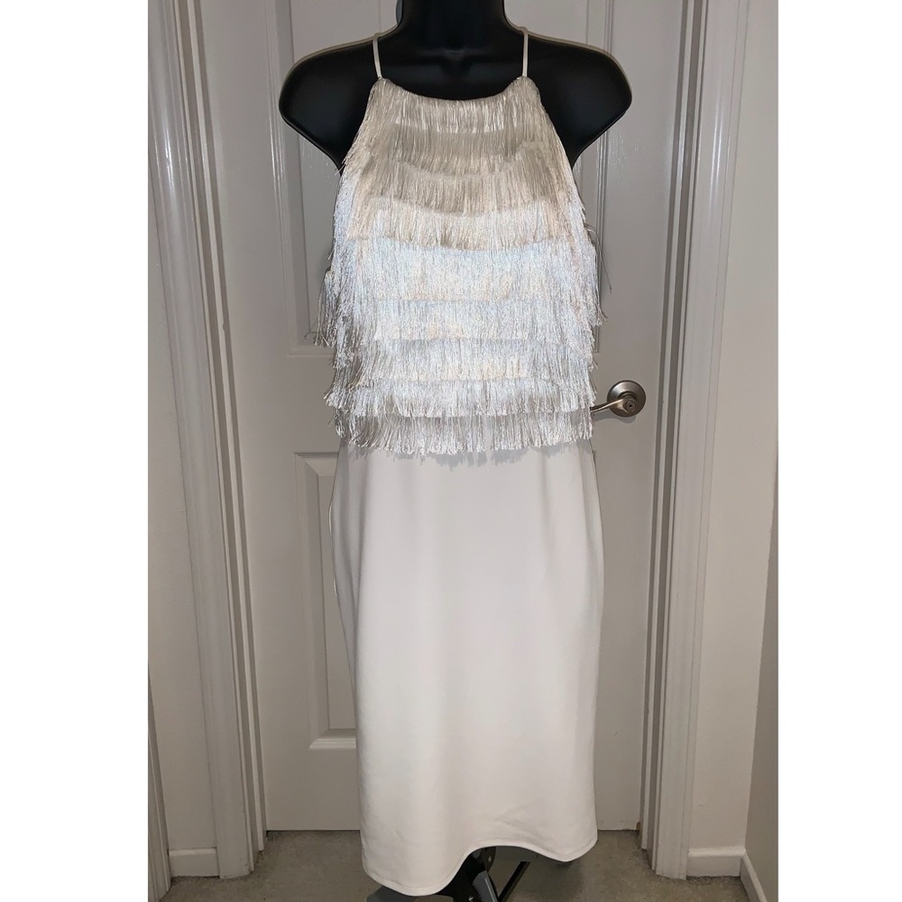 HALSTON Fringed Crepe Dress in White—NWT